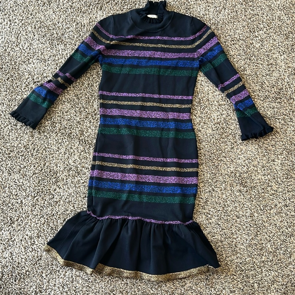 Multicolored Ruffled Turtleneck Dress with Cuffed 3/4 Sleeves